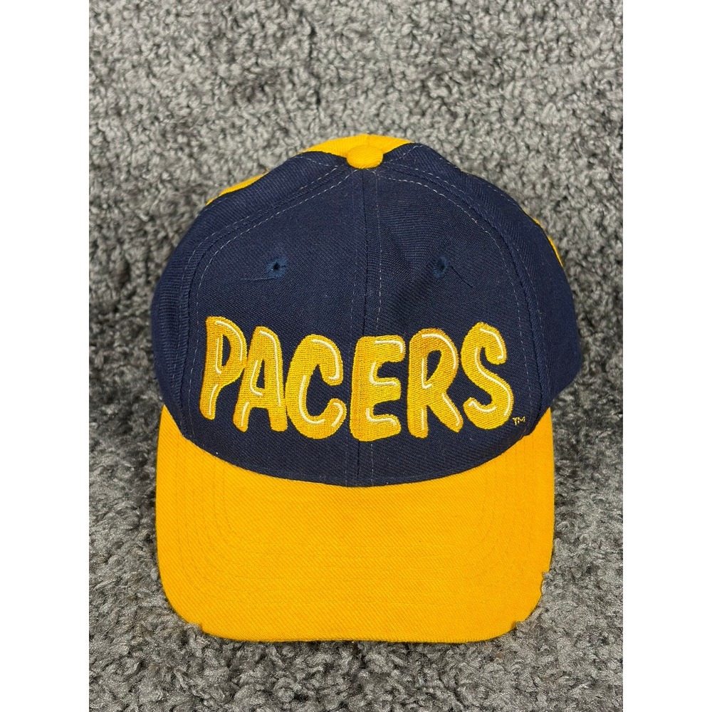 Vintage 90s Indiana Pacers Youth Snapback Hat AJD NBA Big Spellout Navy Yellow